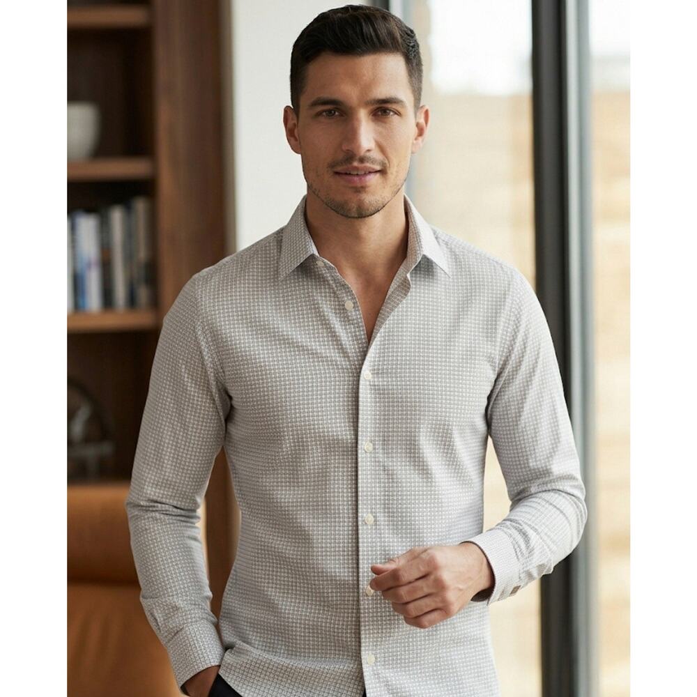 Express Men’s Button Front Shirt M Extra Slim Fit Gray Geometric Print Cotton